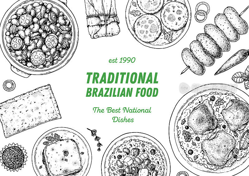 巴西食物顶视图矢量插图。食品菜单设计模板。手绘草图。巴西菜菜单。复古风格。Feijoada, Pastel, Escondidinho, Baiao de dois, Galinhada, Churrasco